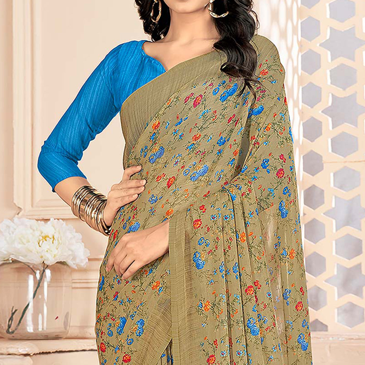 Beige Floral Printed Chiffon Saree