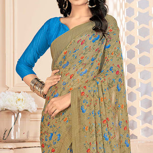 Beige Floral Printed Chiffon Saree