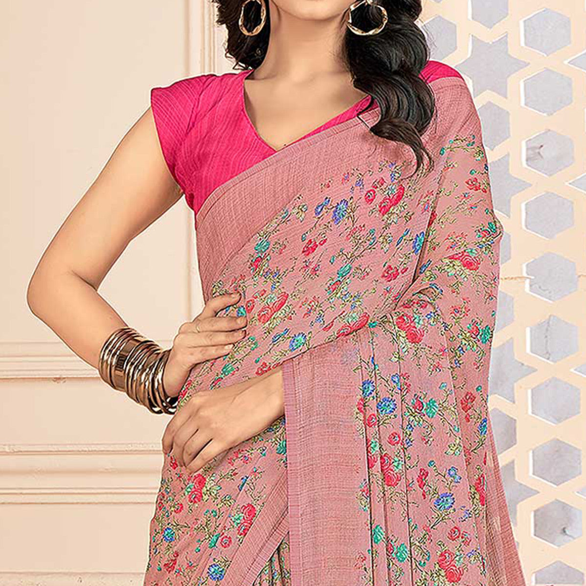 Pink Floral Printed Chiffon Saree
