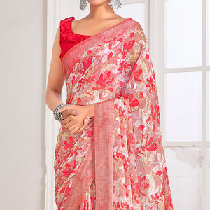 Red Floral Printed Chiffon Saree