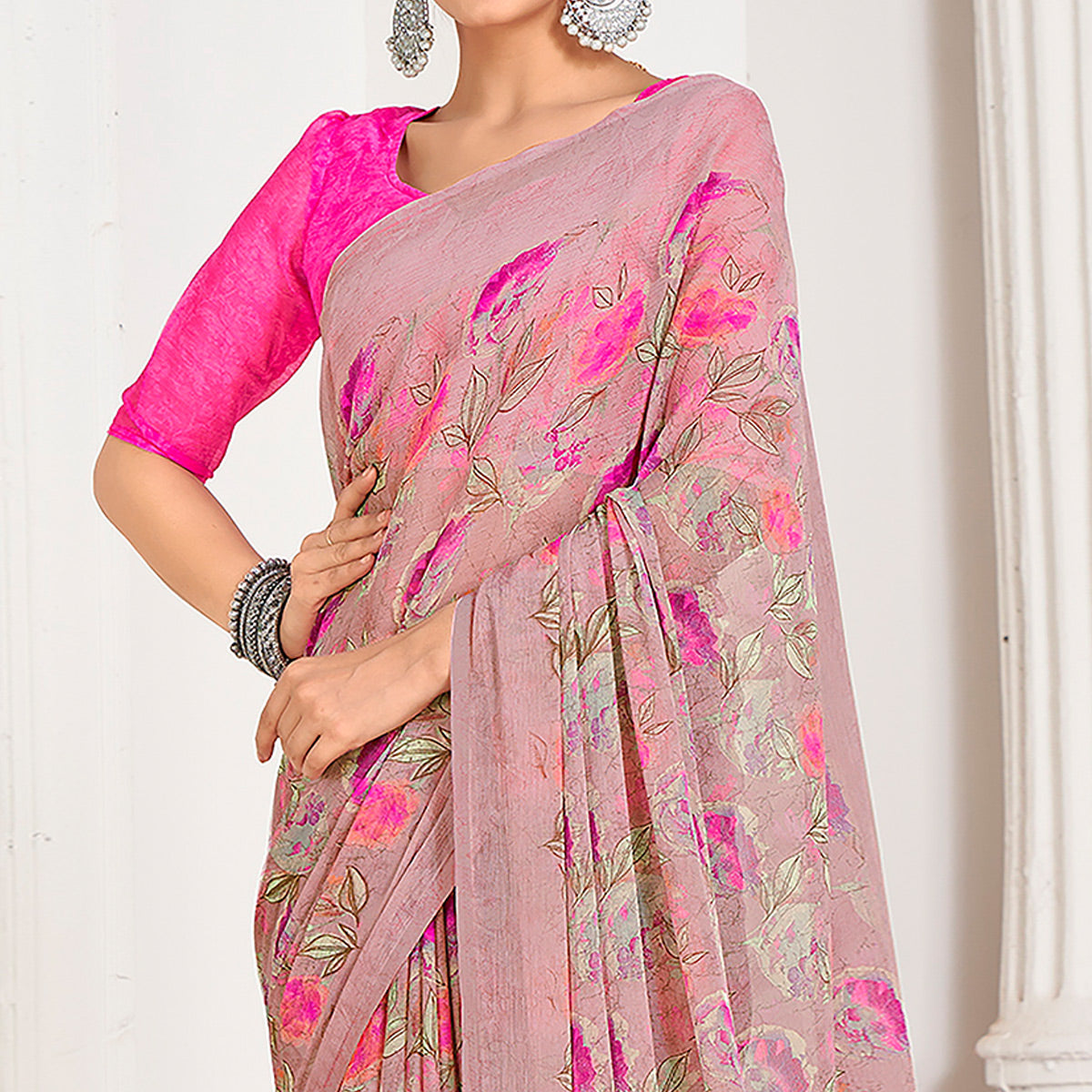 Pink Floral Printed Chiffon Saree