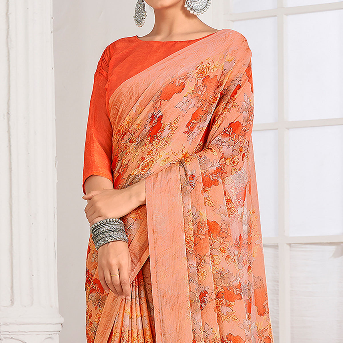 Peach Floral Printed Chiffon Saree