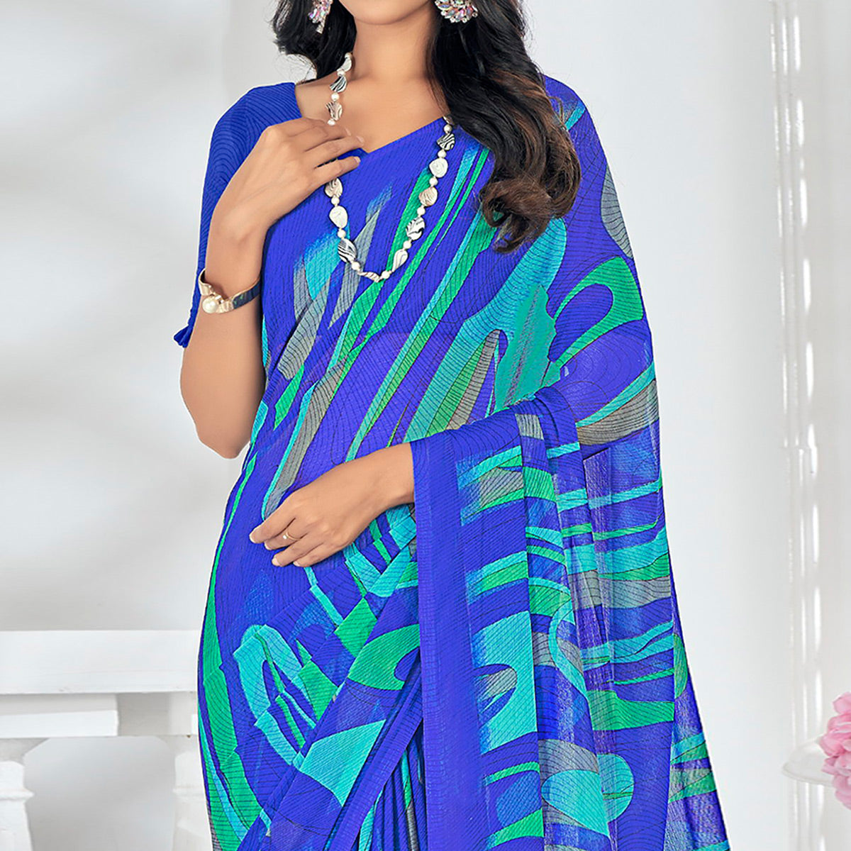 Blue Printed Chiffon Saree