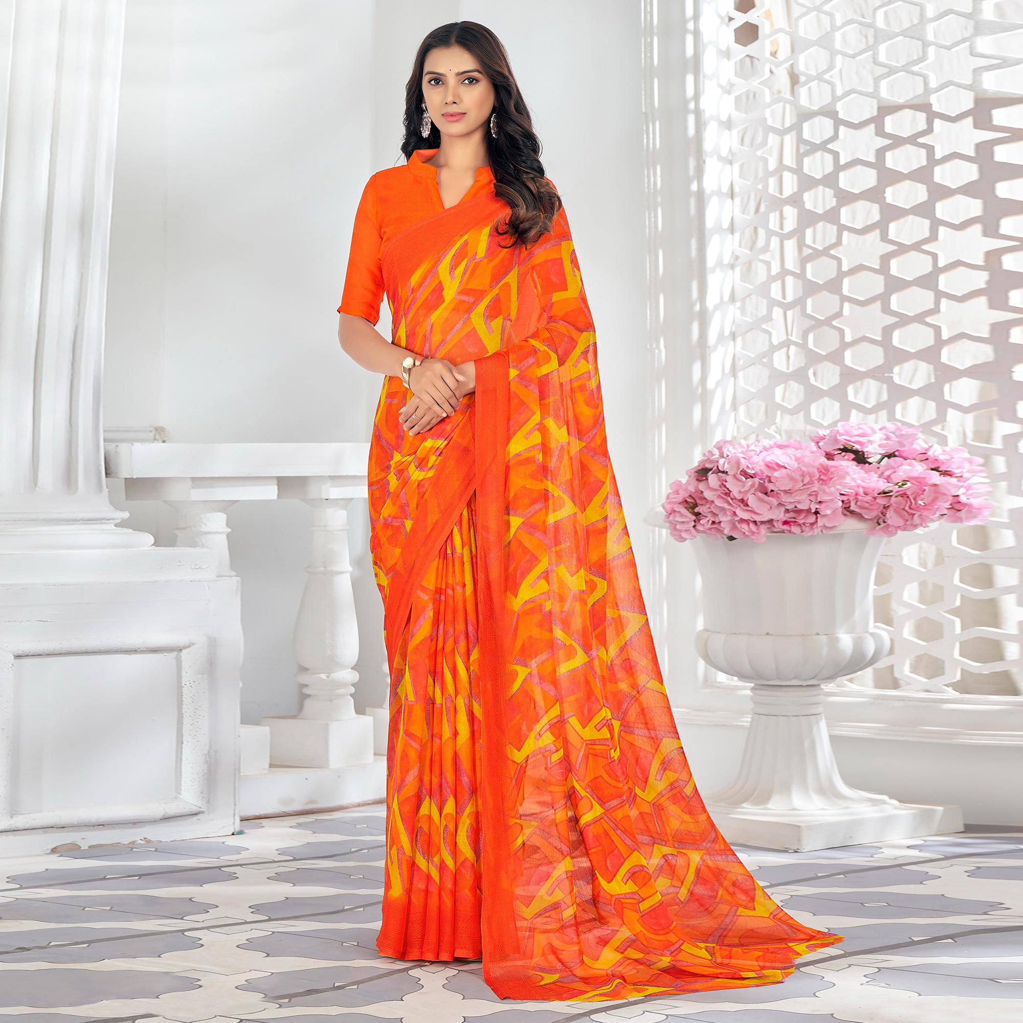 Orange Printed Chiffon Saree