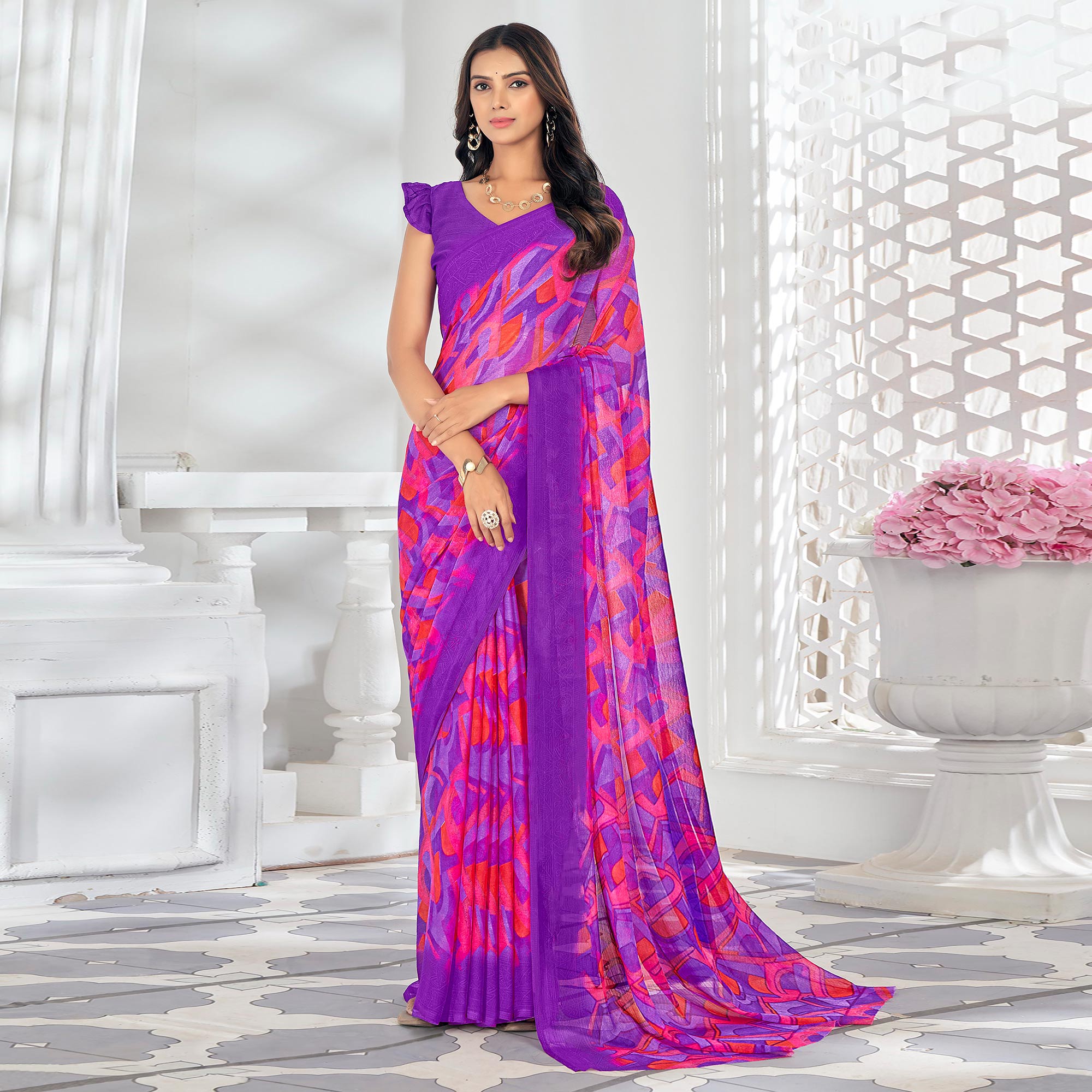 Purple Printed Chiffon Saree