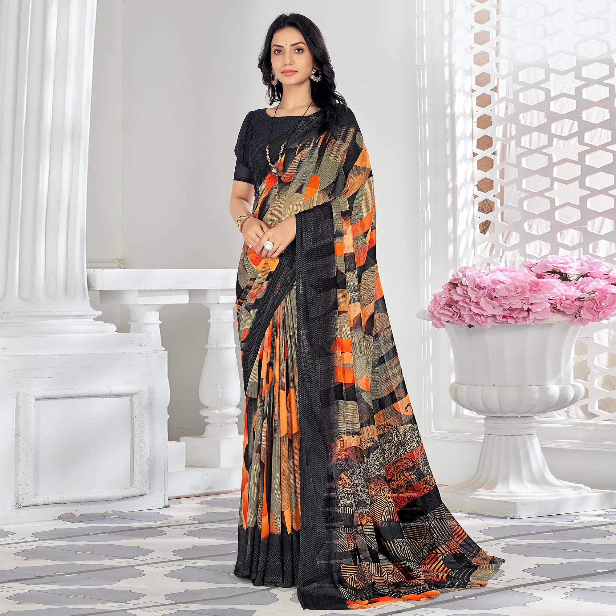 Black & Orange Printed Chiffon Saree
