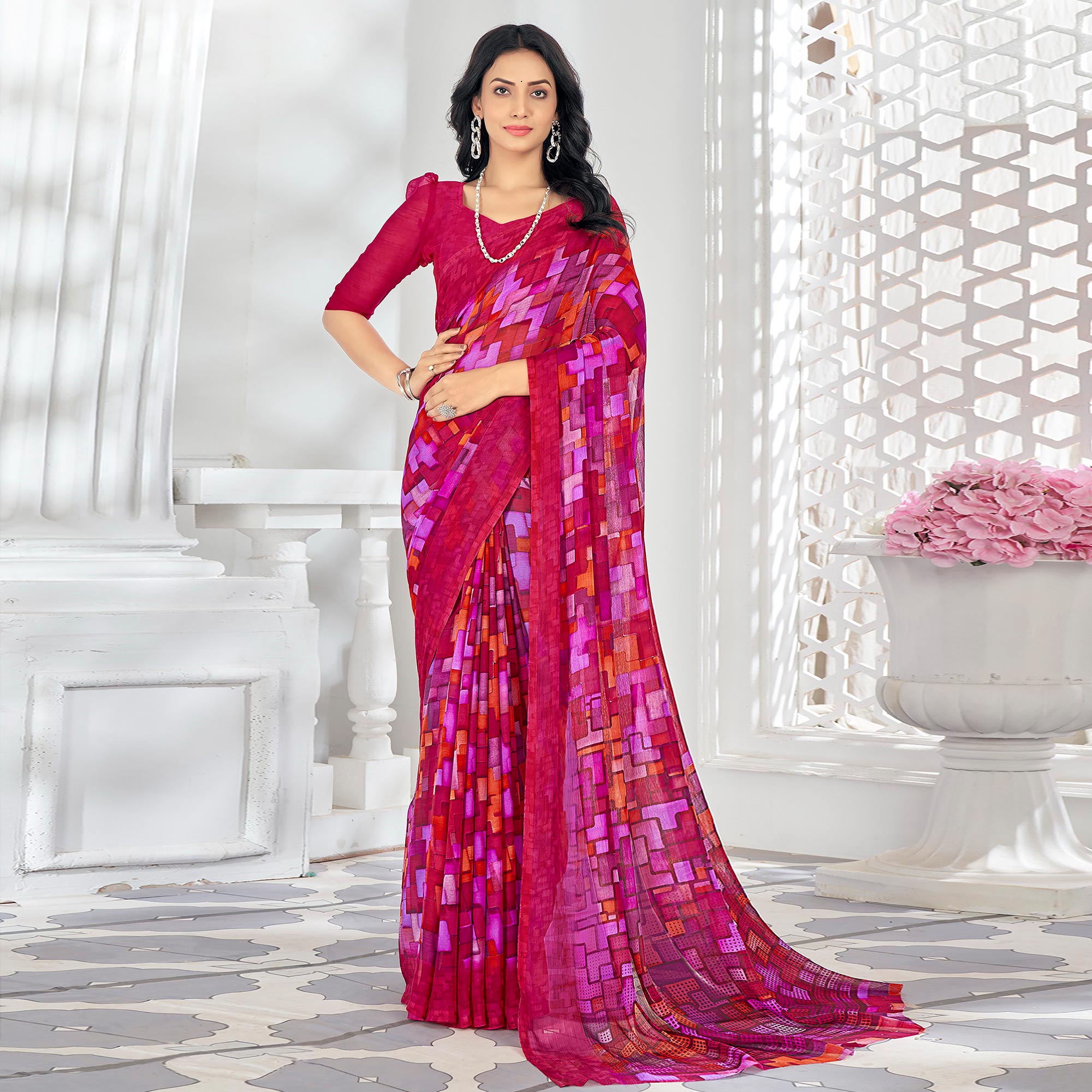 Rani pink Printed Chiffon Saree