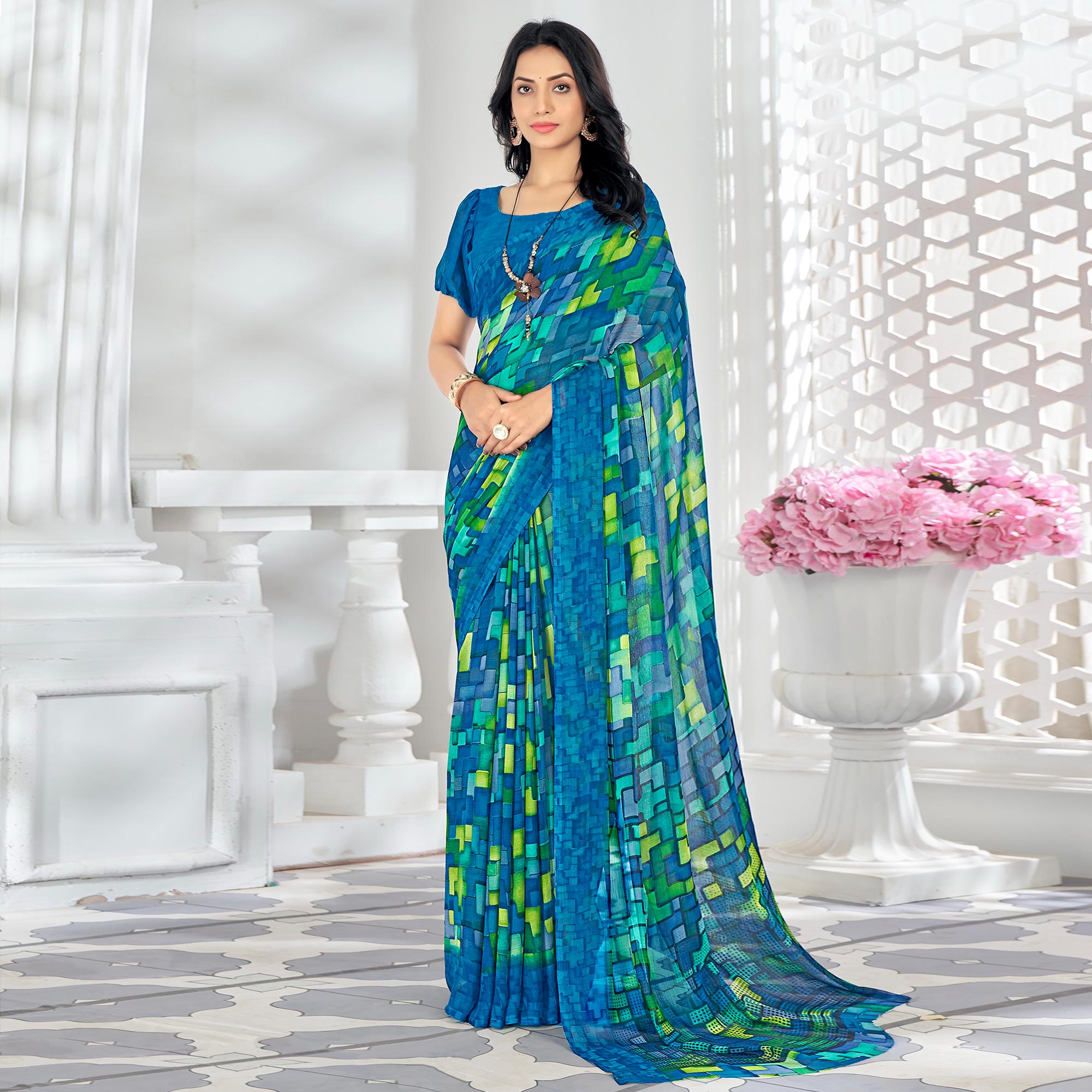 Blue Printed Chiffon Saree