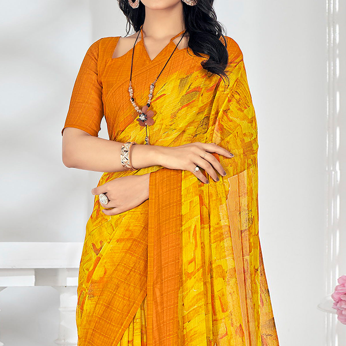 Yellow Printed Chiffon Saree