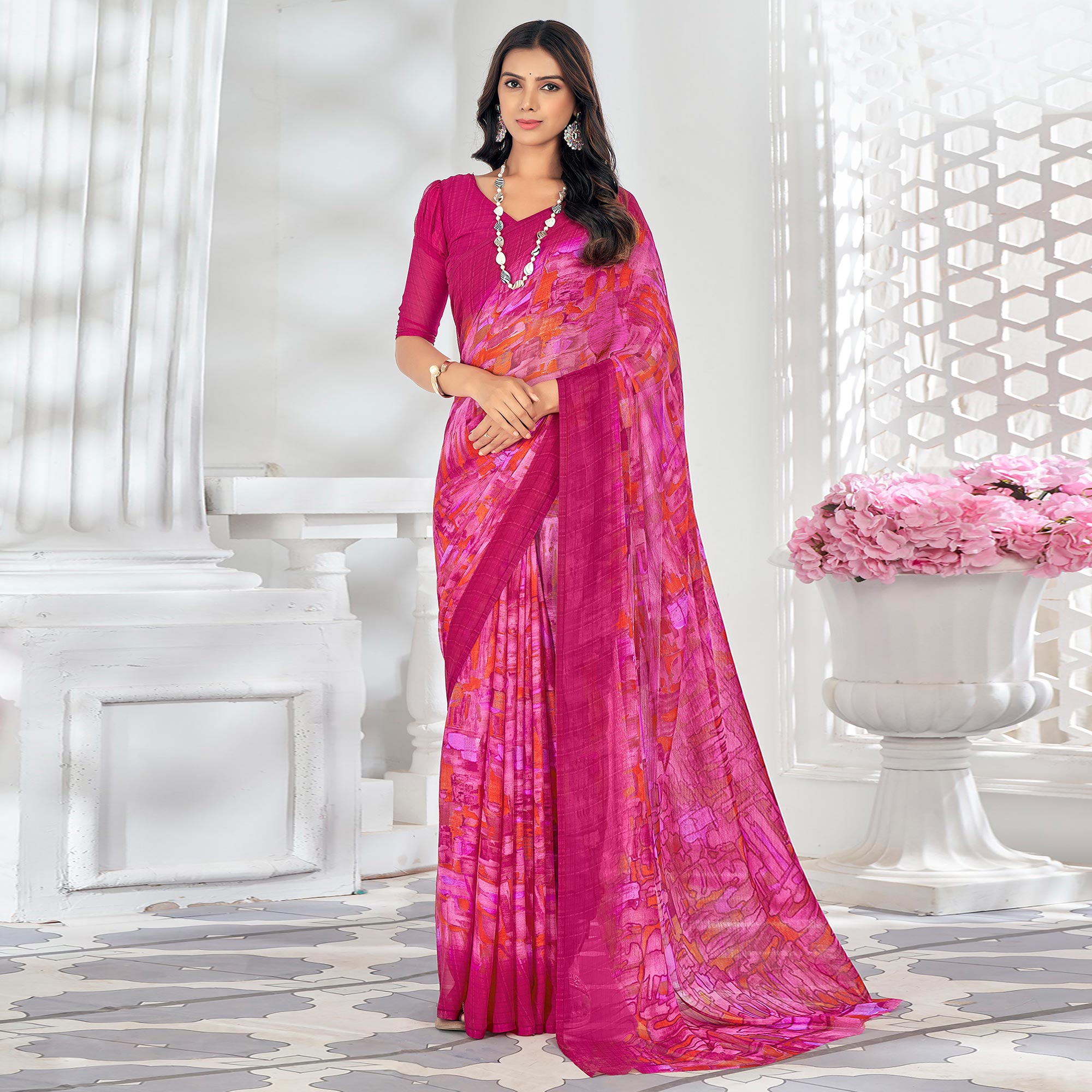 Pink Printed Chiffon Saree