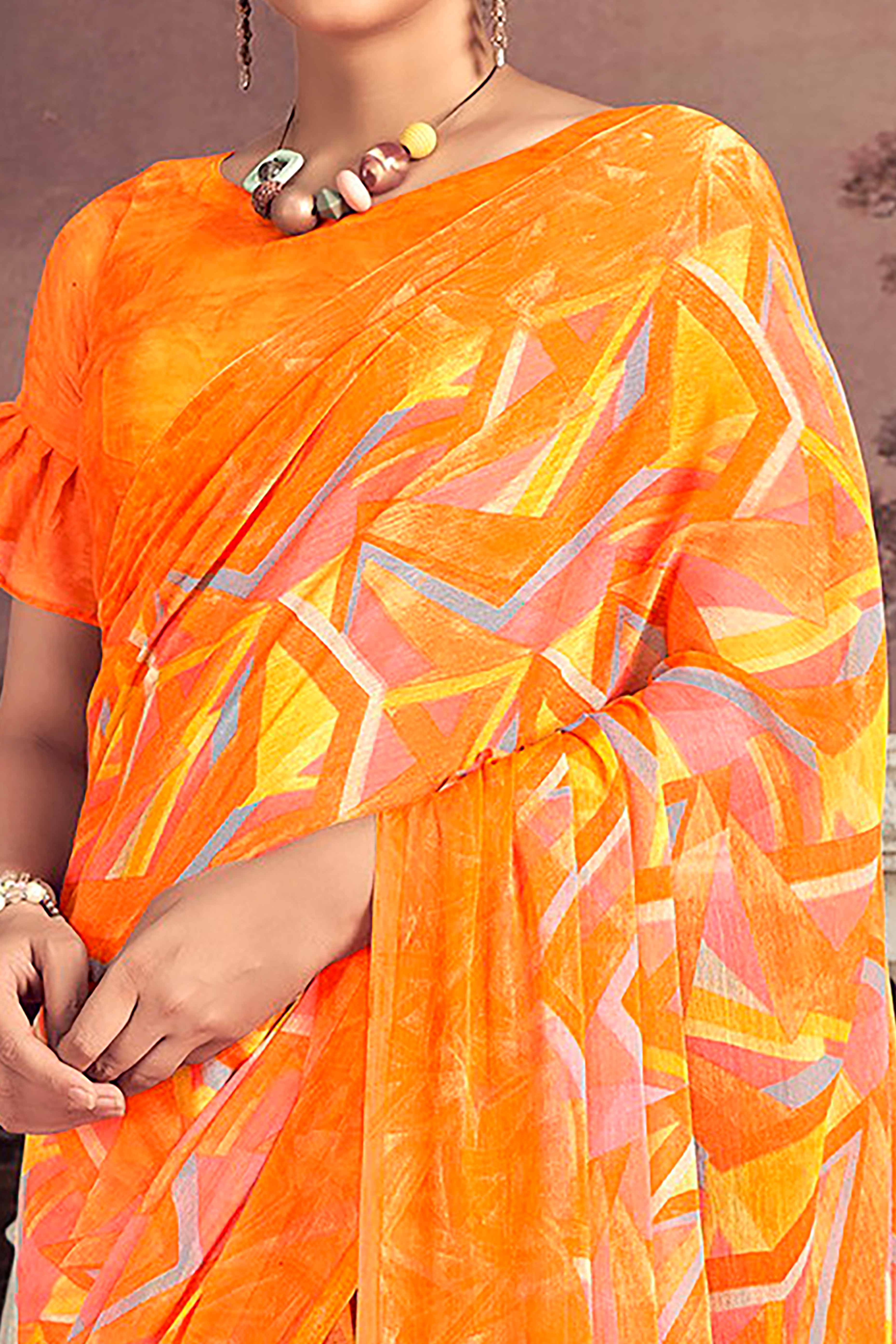 Refreshing Orange Chiffon Saree With Contemporary Geometric Print