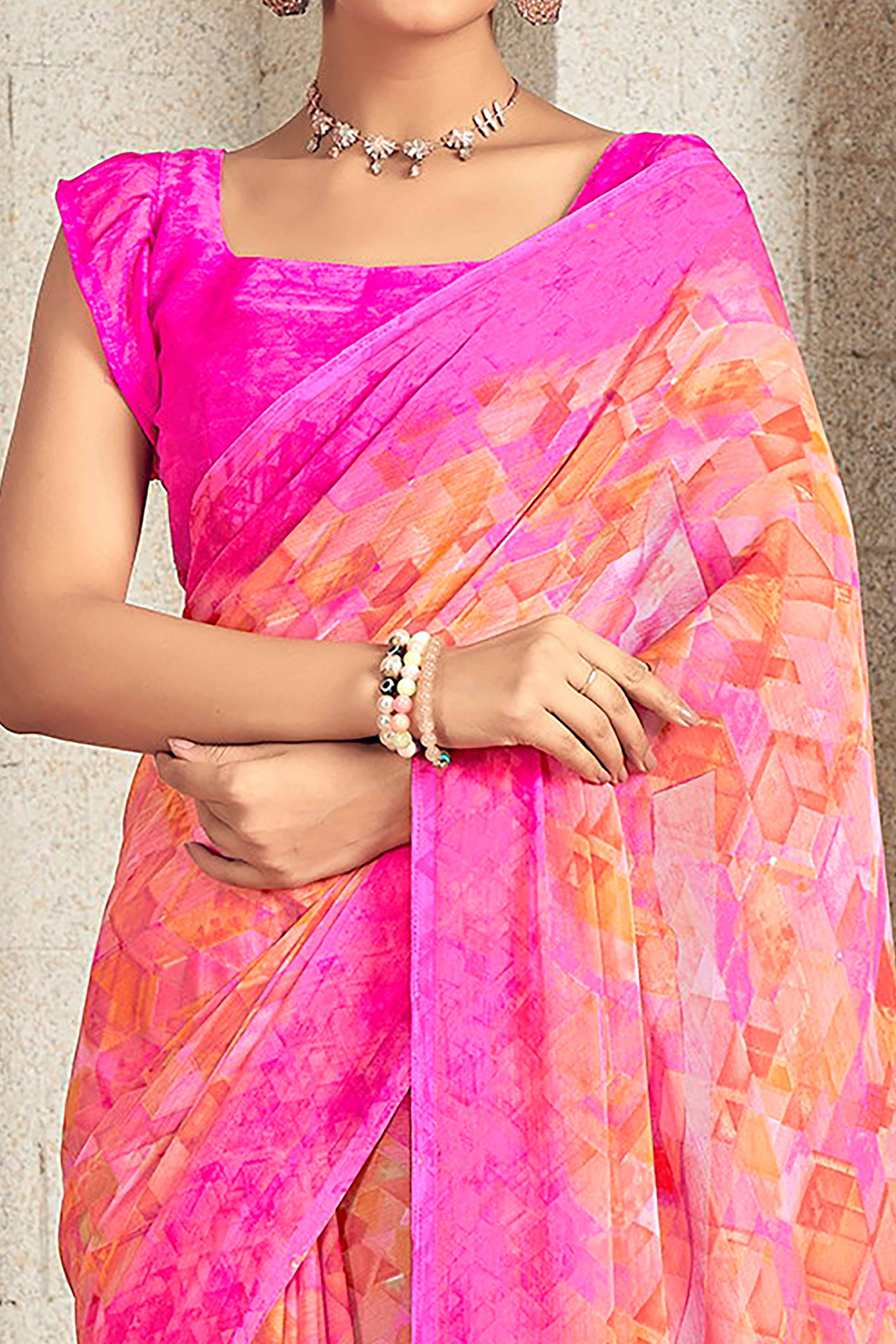 Chic Pink Chiffon Saree With Stylish Geometric Print