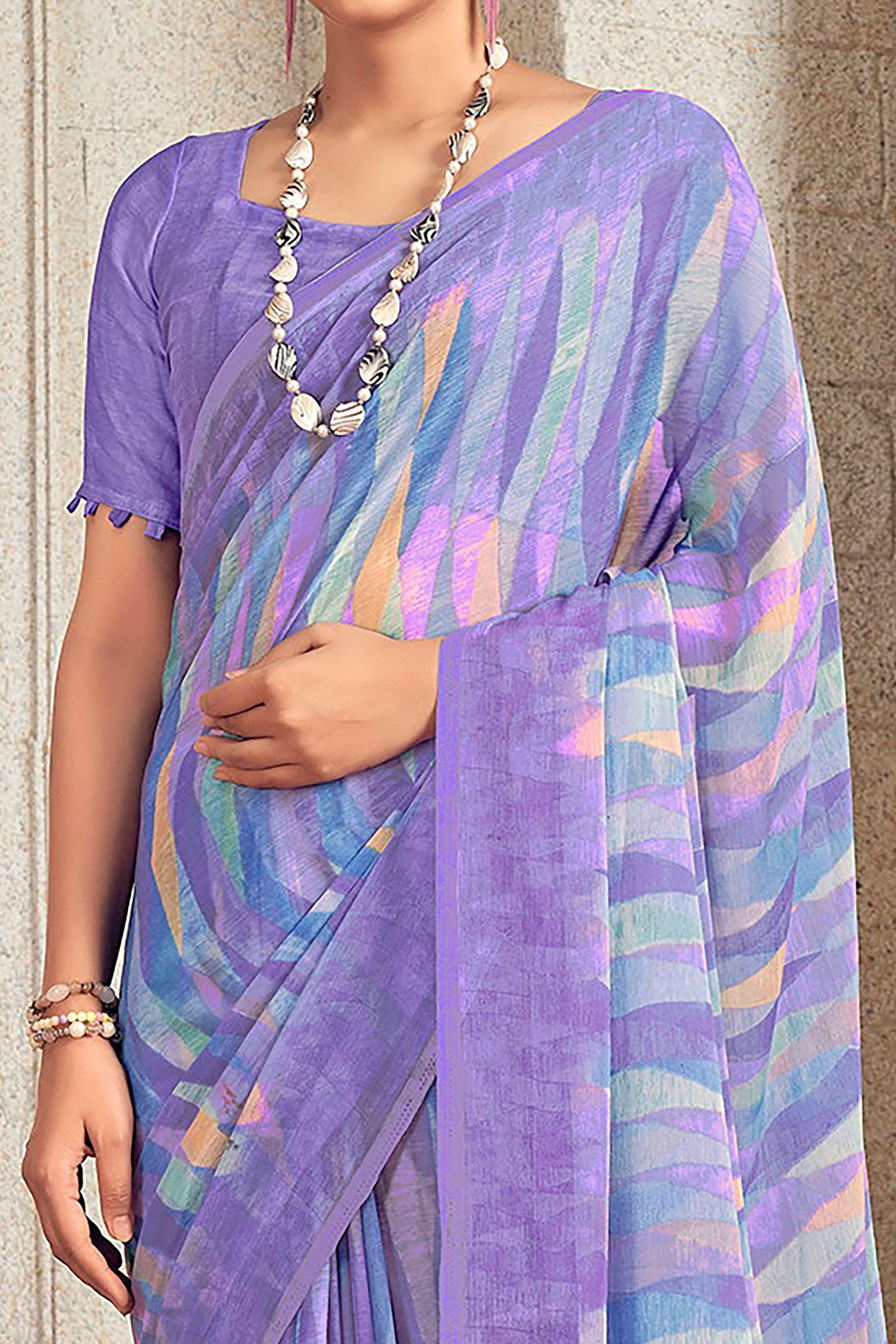 Graceful Lavender Chiffon Saree With Modern Geometric Print