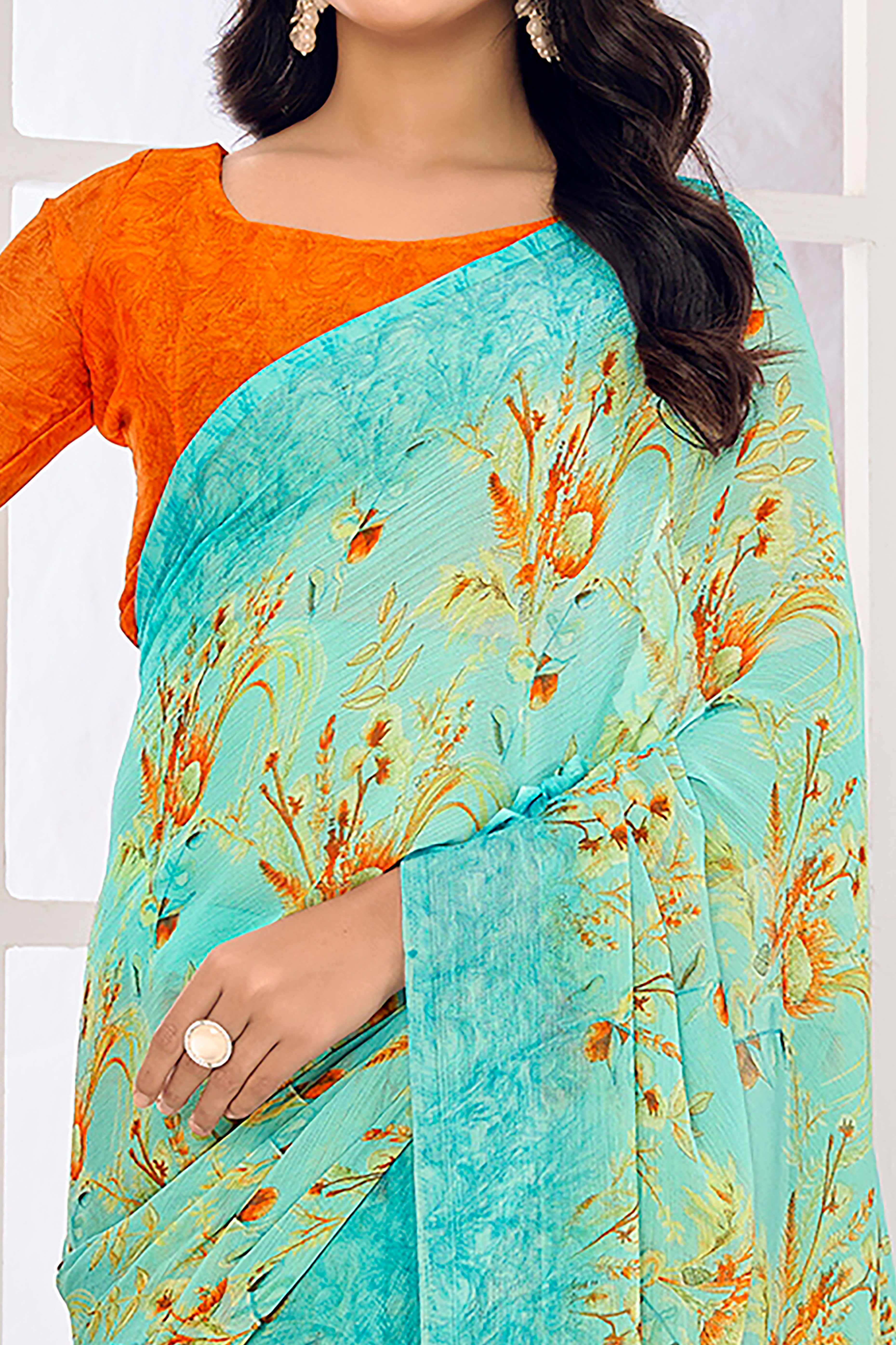 Turquoise Chiffon Saree Embellished With Dreamy Floral Print