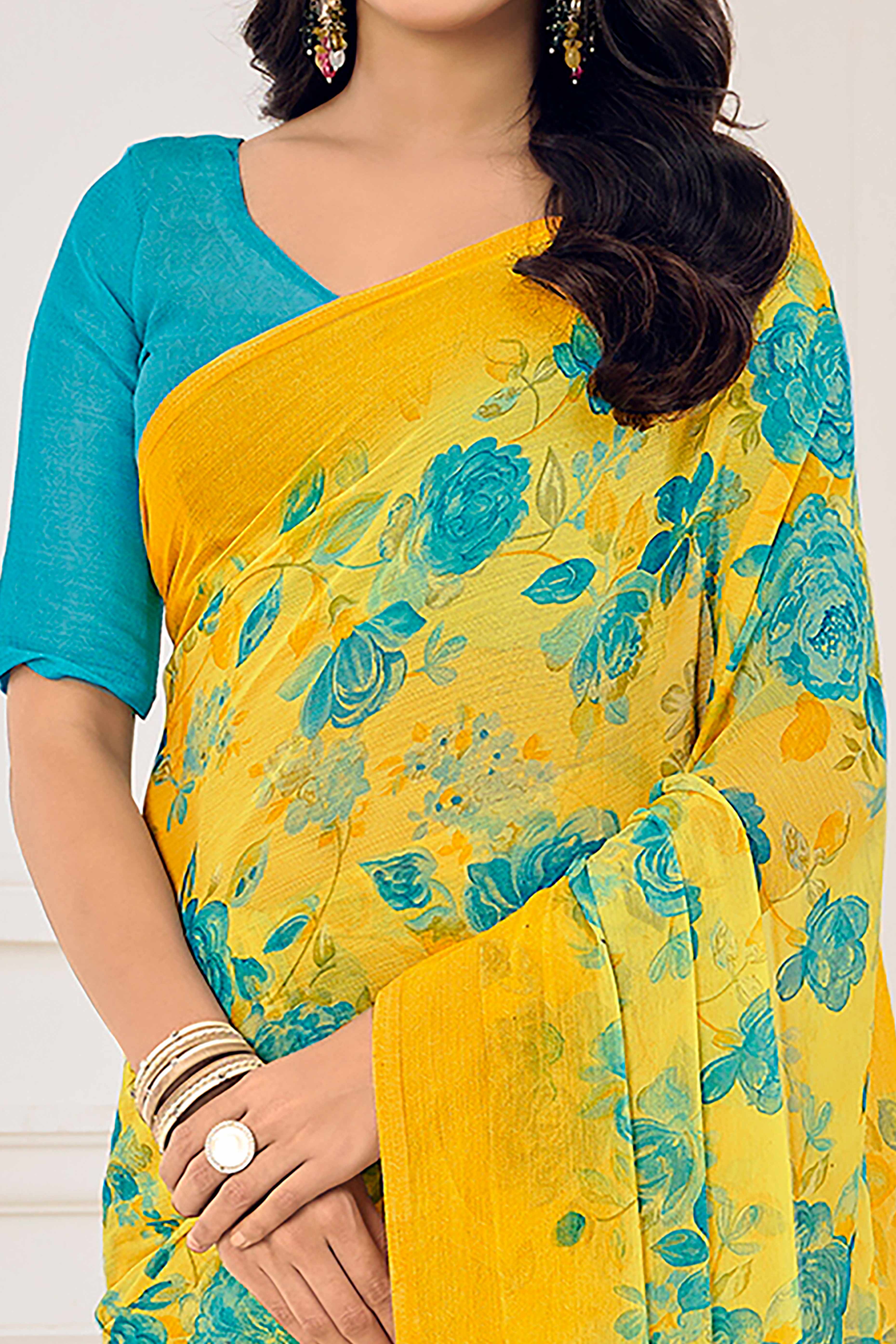 Mustard Chiffon Saree Embellished With Dreamy Floral Print