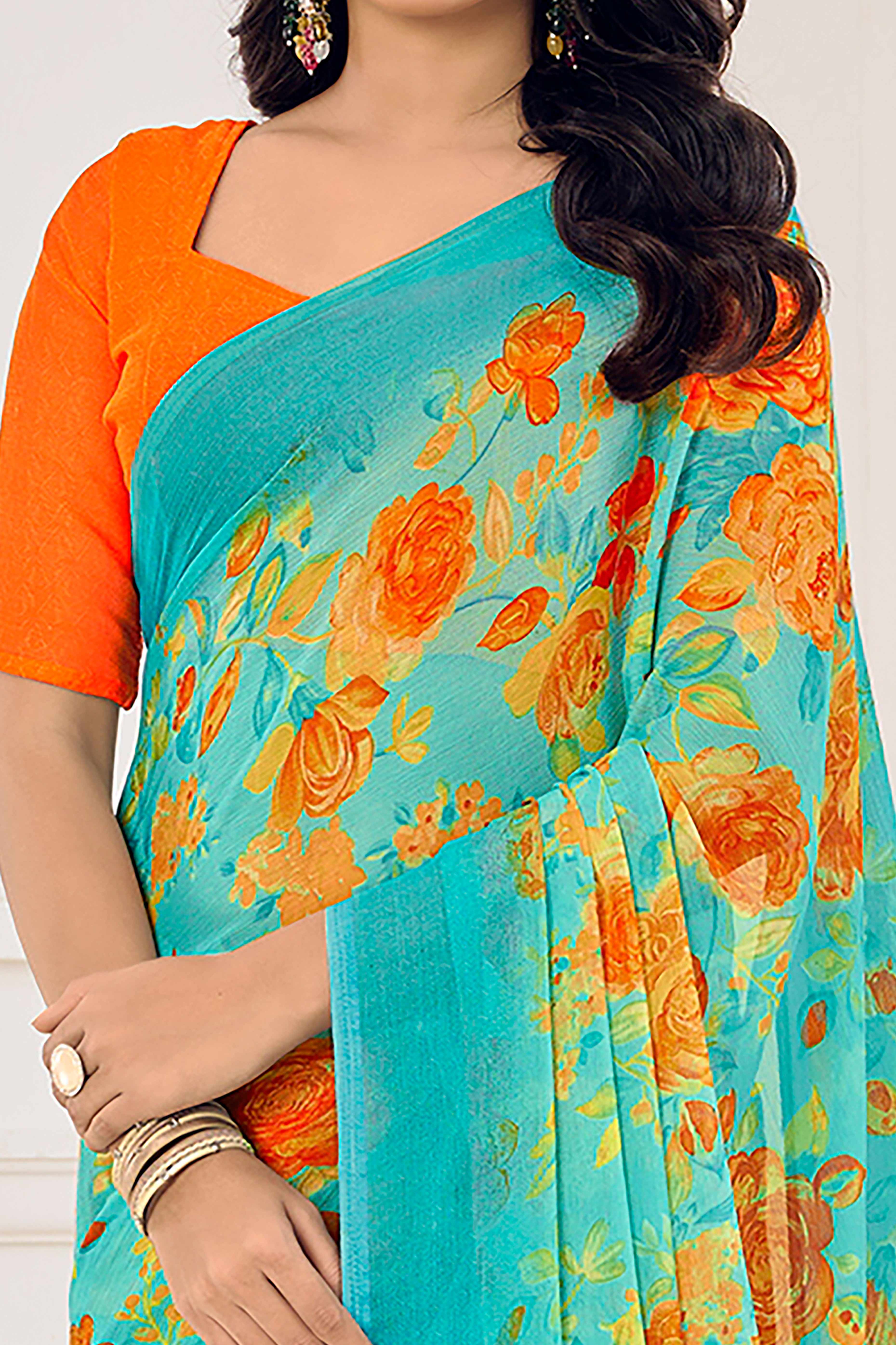 Turquoise Chiffon Saree Embellished With Dreamy Floral Print