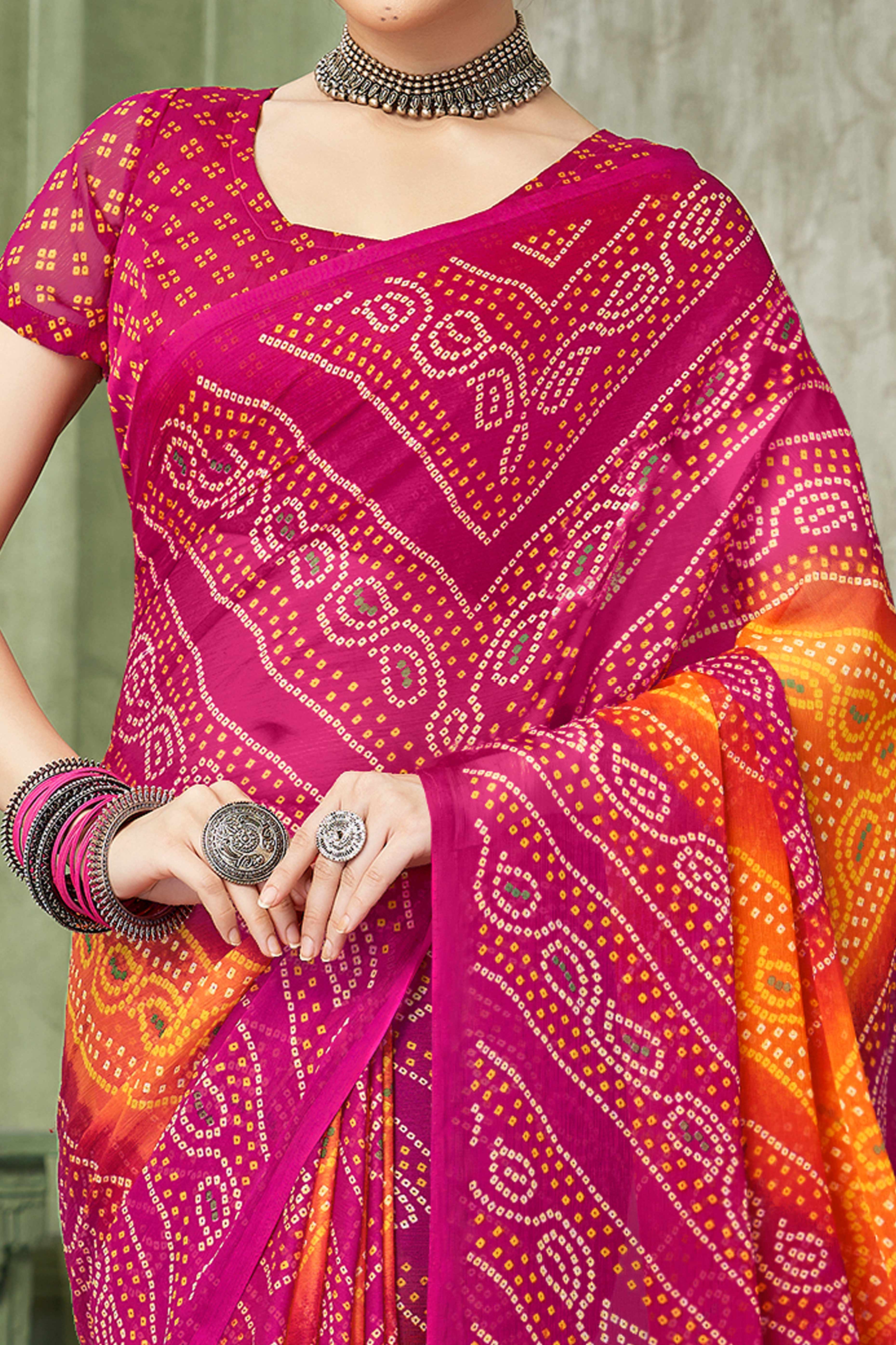 Magenta Chiffon Saree Adorned With Traditional Bandhani Print