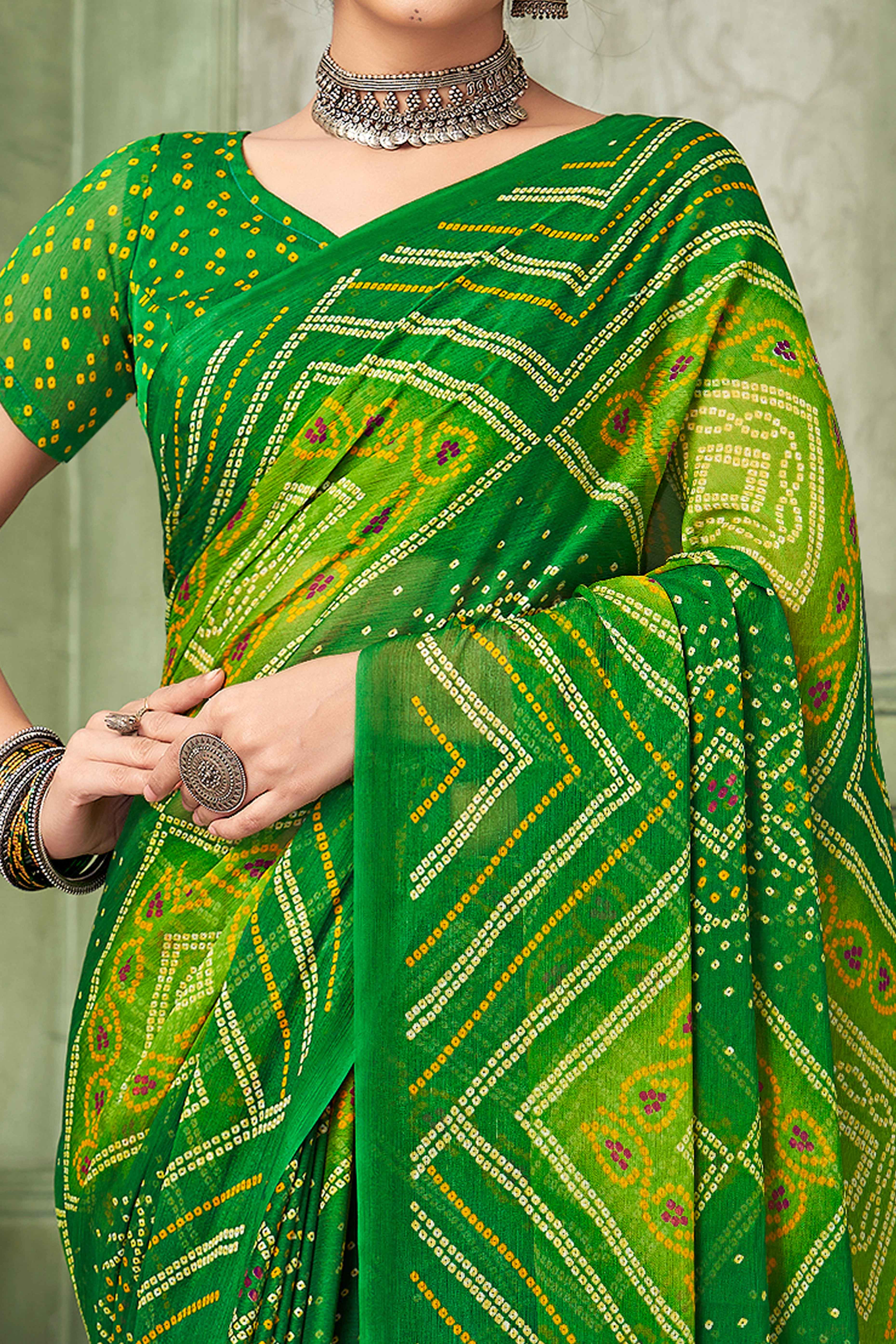 Green Chiffon Saree Adorned With Traditional Bandhani Print
