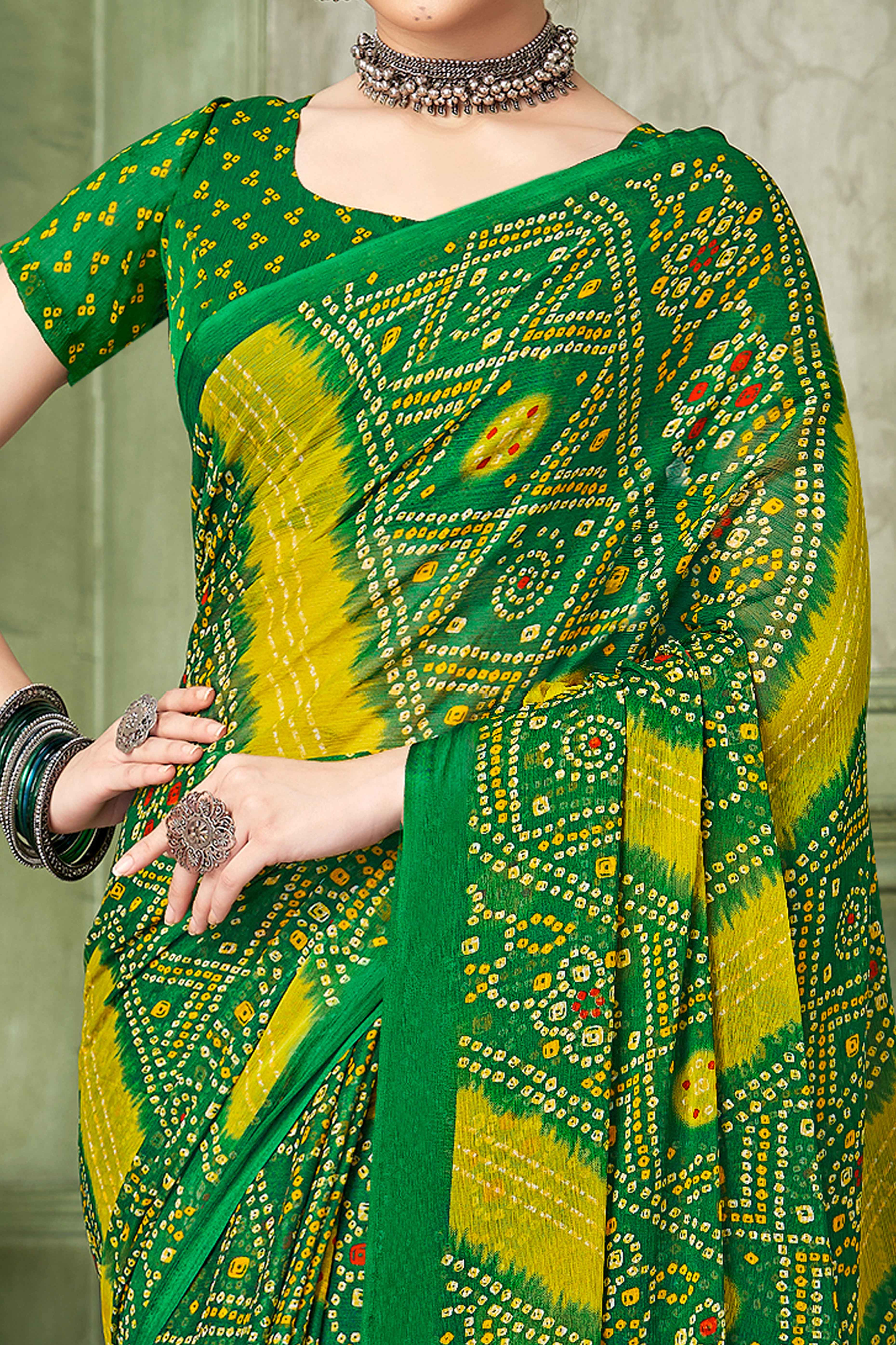 Green Chiffon Saree Adorned With Traditional Bandhani Print
