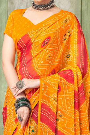 Mustard Chiffon Saree Adorned With Traditional Bandhani Print