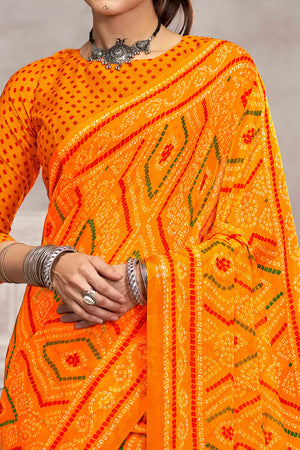 Mustard Chiffon Saree Features Bandhani Print for Casual Occasion
