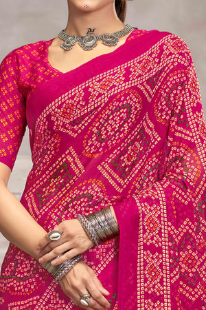 Magenta Chiffon Saree Features Bandhani Print for Casual Occasion