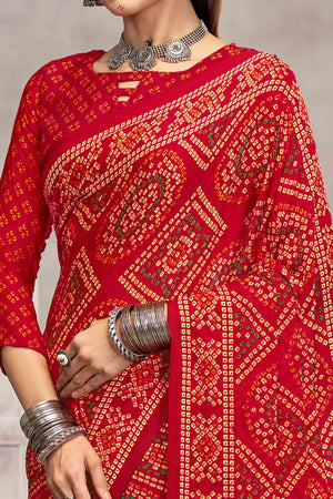 Red Chiffon Saree Features Bandhani Print for Casual Occasion