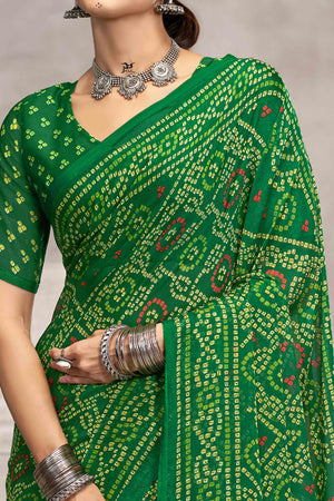 Green Chiffon Saree Features Bandhani Print for Casual Occasion