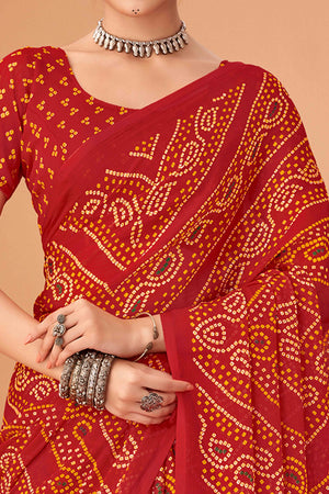Red Bandhani Printed Chiffon Saree Accented With Intricate Lace Border Work