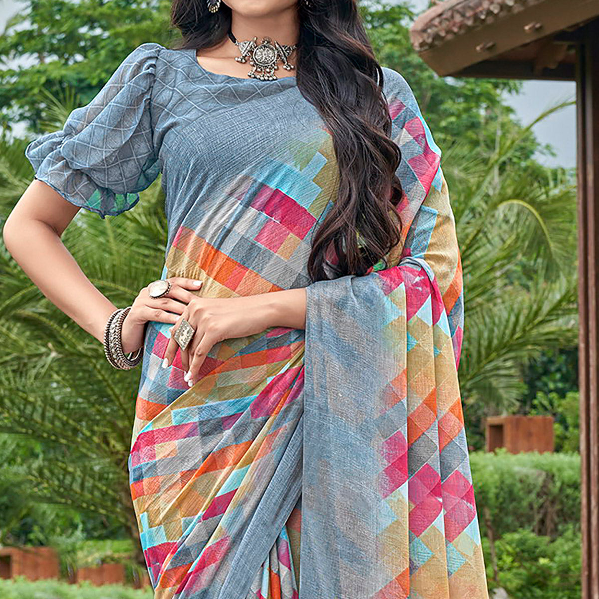 Grey Geometric Printed Chiffon Saree