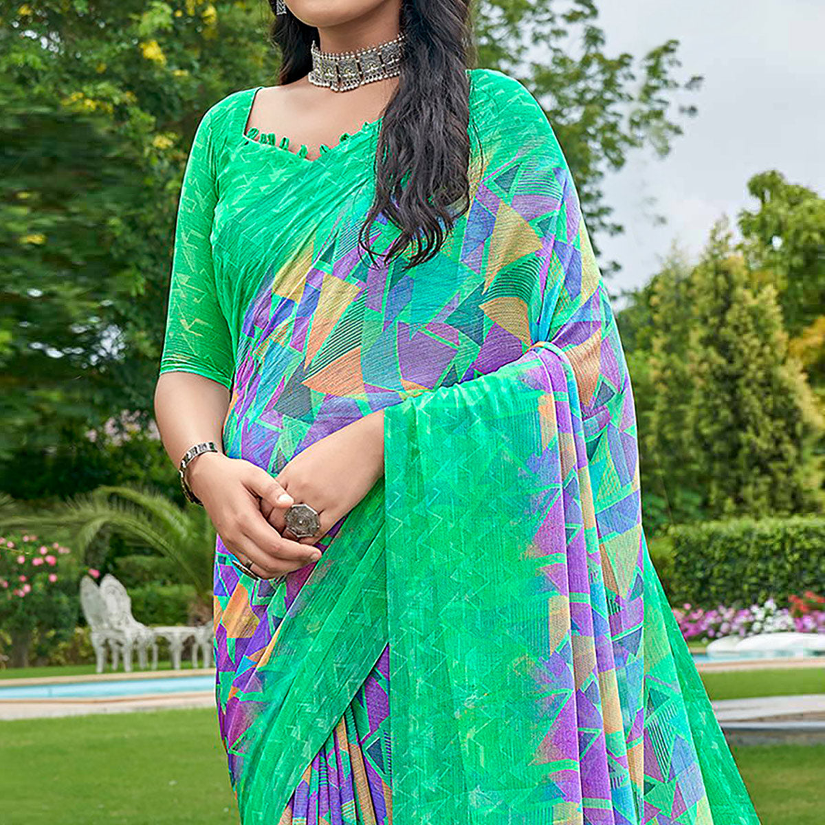 Turquoise Geometric Printed Chiffon Saree