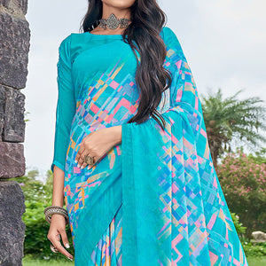 Blue Geometric Printed Chiffon Saree