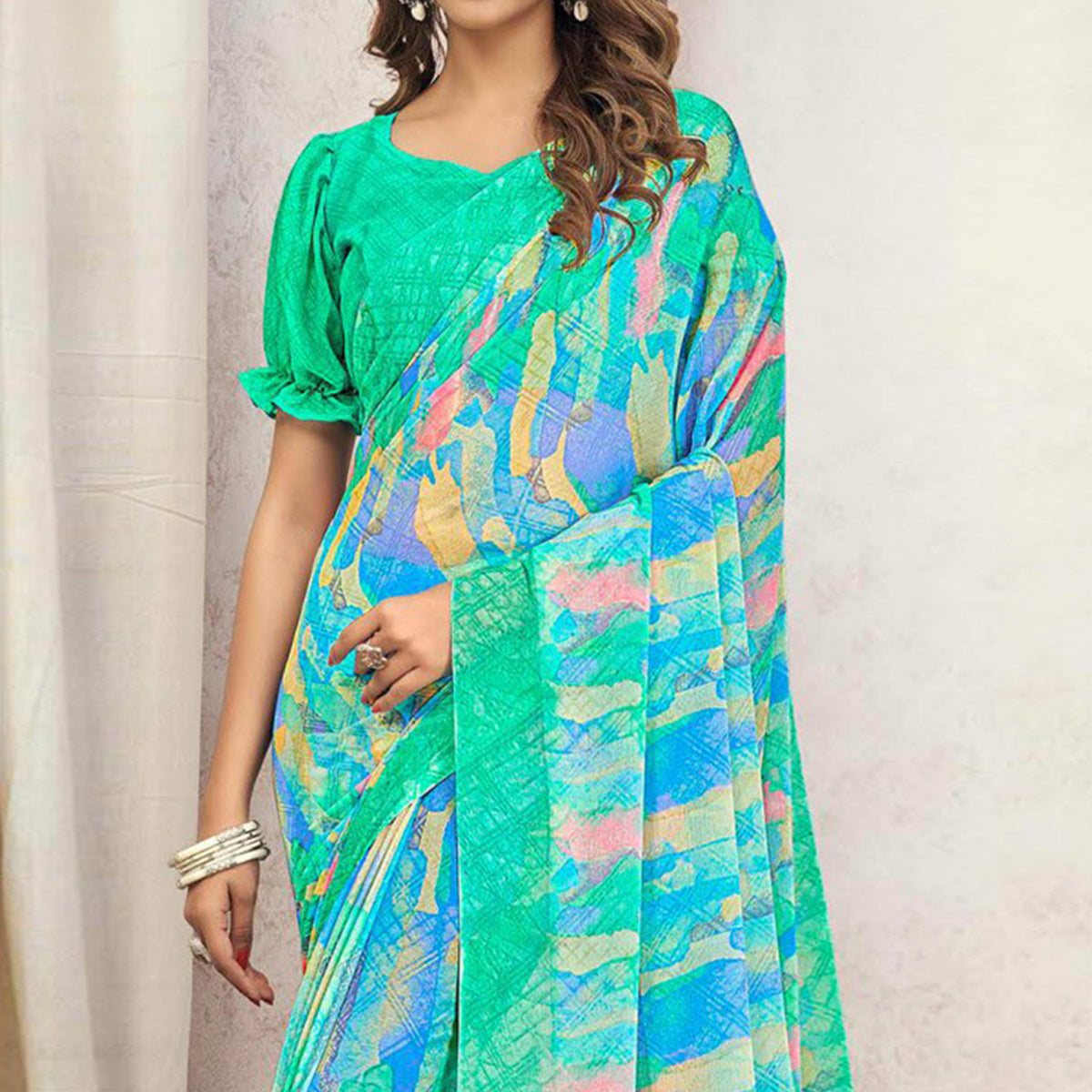 Turquoise Printed Chiffon Saree