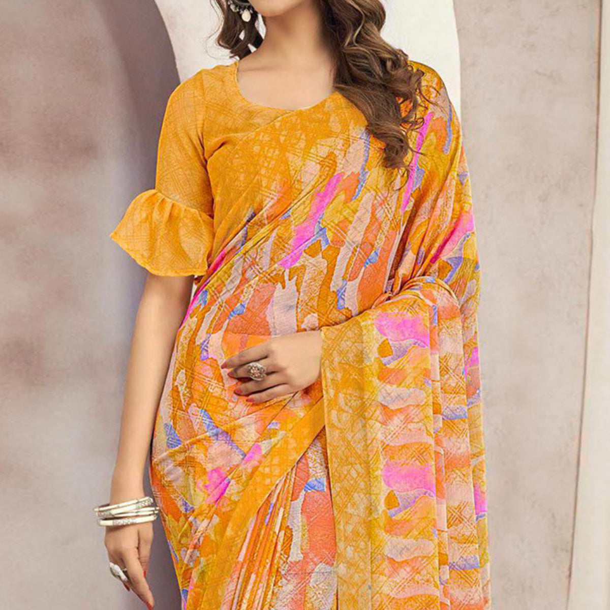 Mustard Printed Chiffon Saree