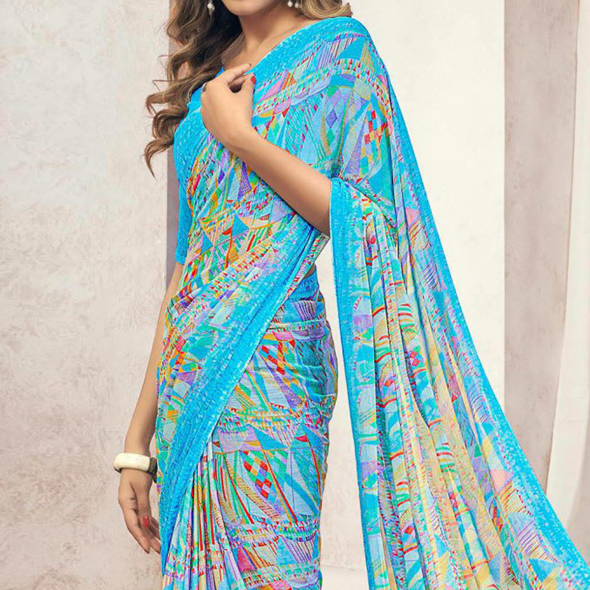Blue Printed Chiffon Saree