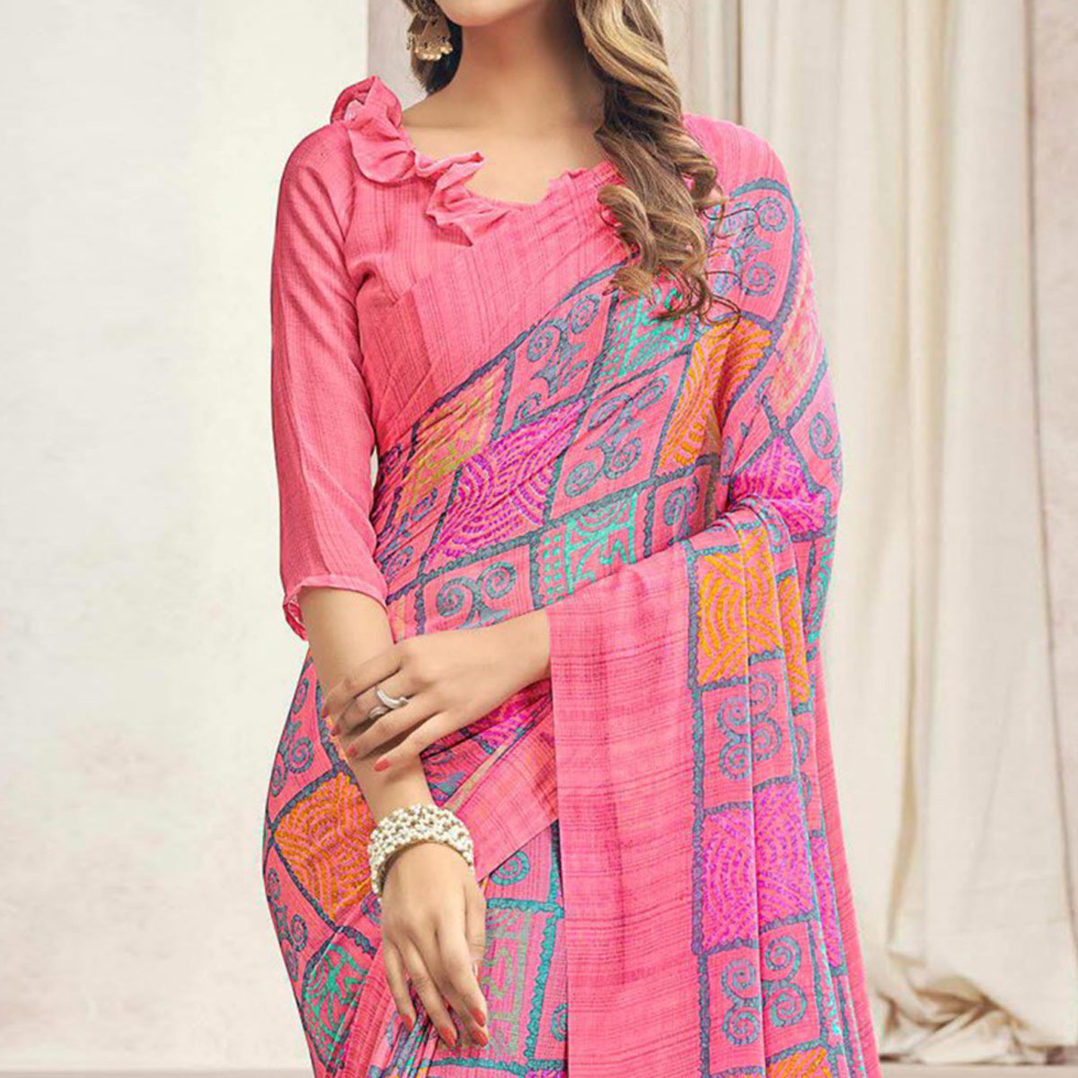 Pink Printed Chiffon Saree