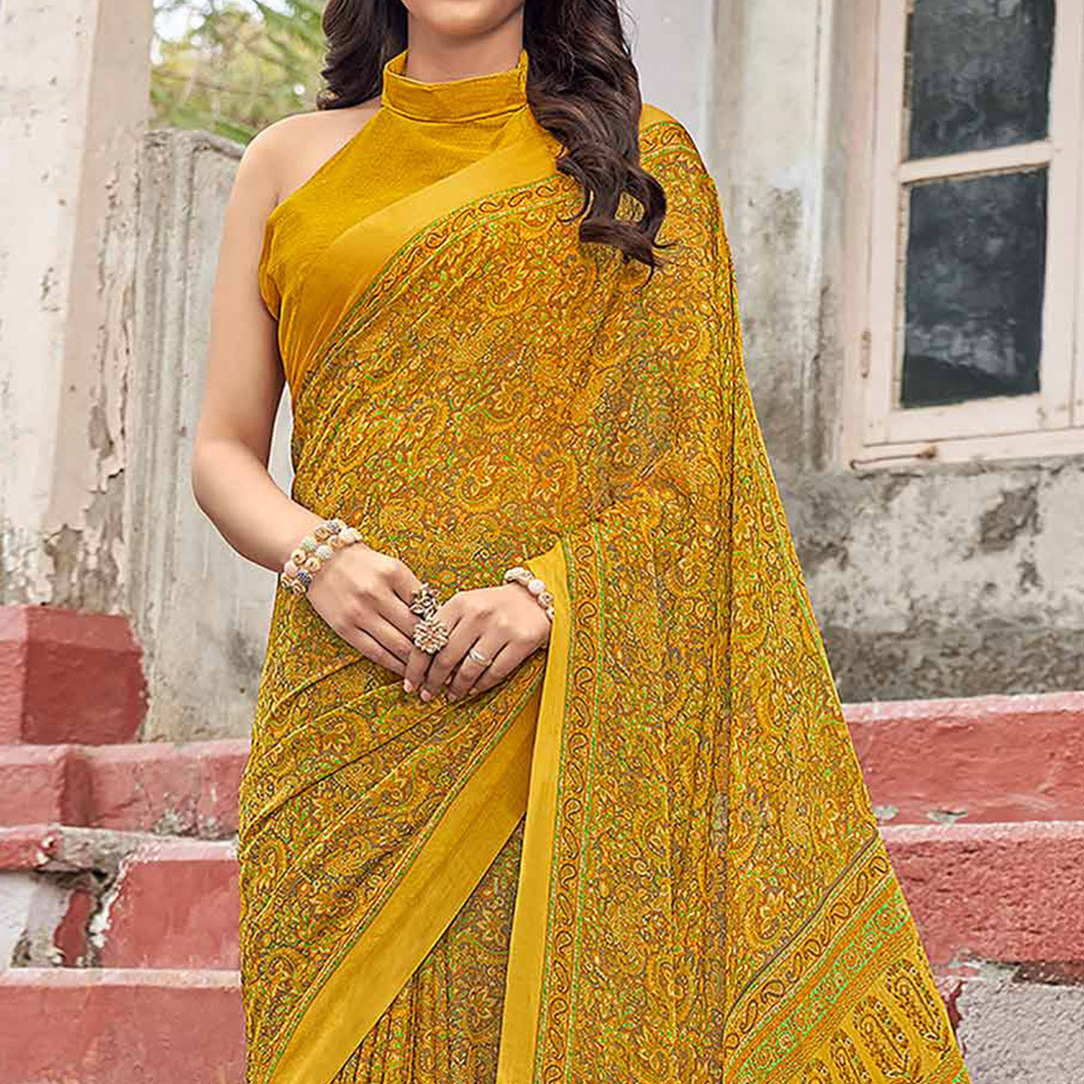Yellow Floral Printed Chiffon Saree