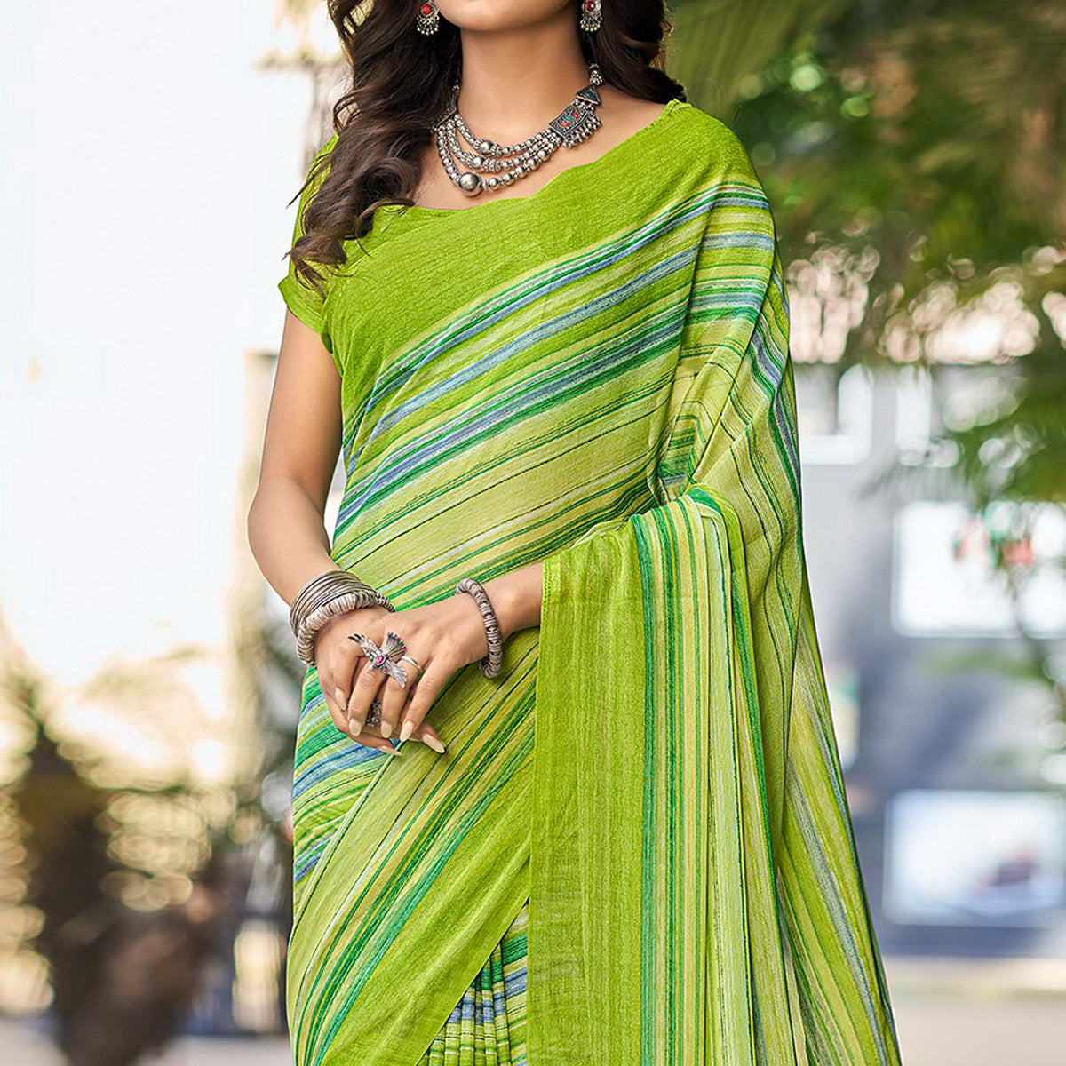 Green Printed Chiffon Saree