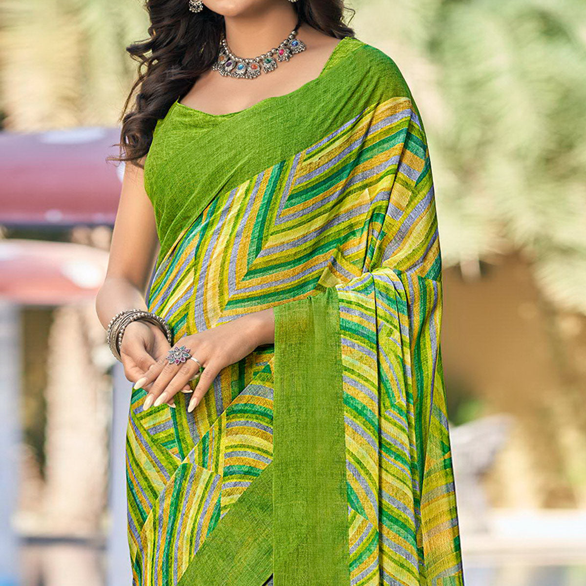 Green Printed Chiffon Saree