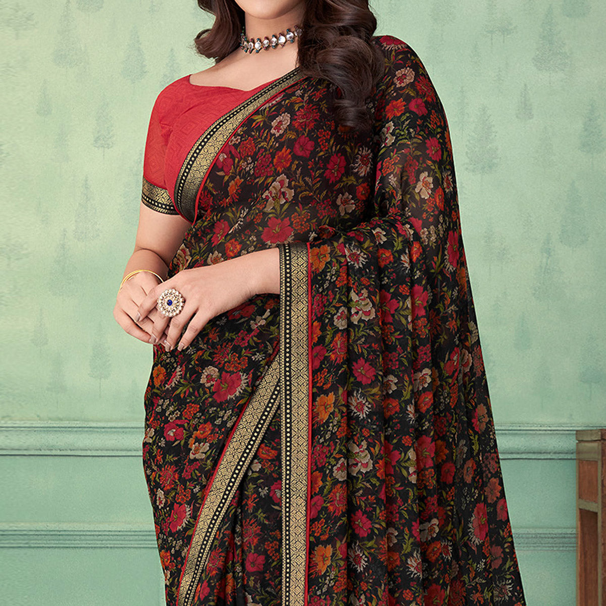 Black Floral Printed Chiffon Saree With Lace Border