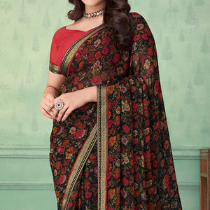 Black Floral Printed Chiffon Saree With Lace Border