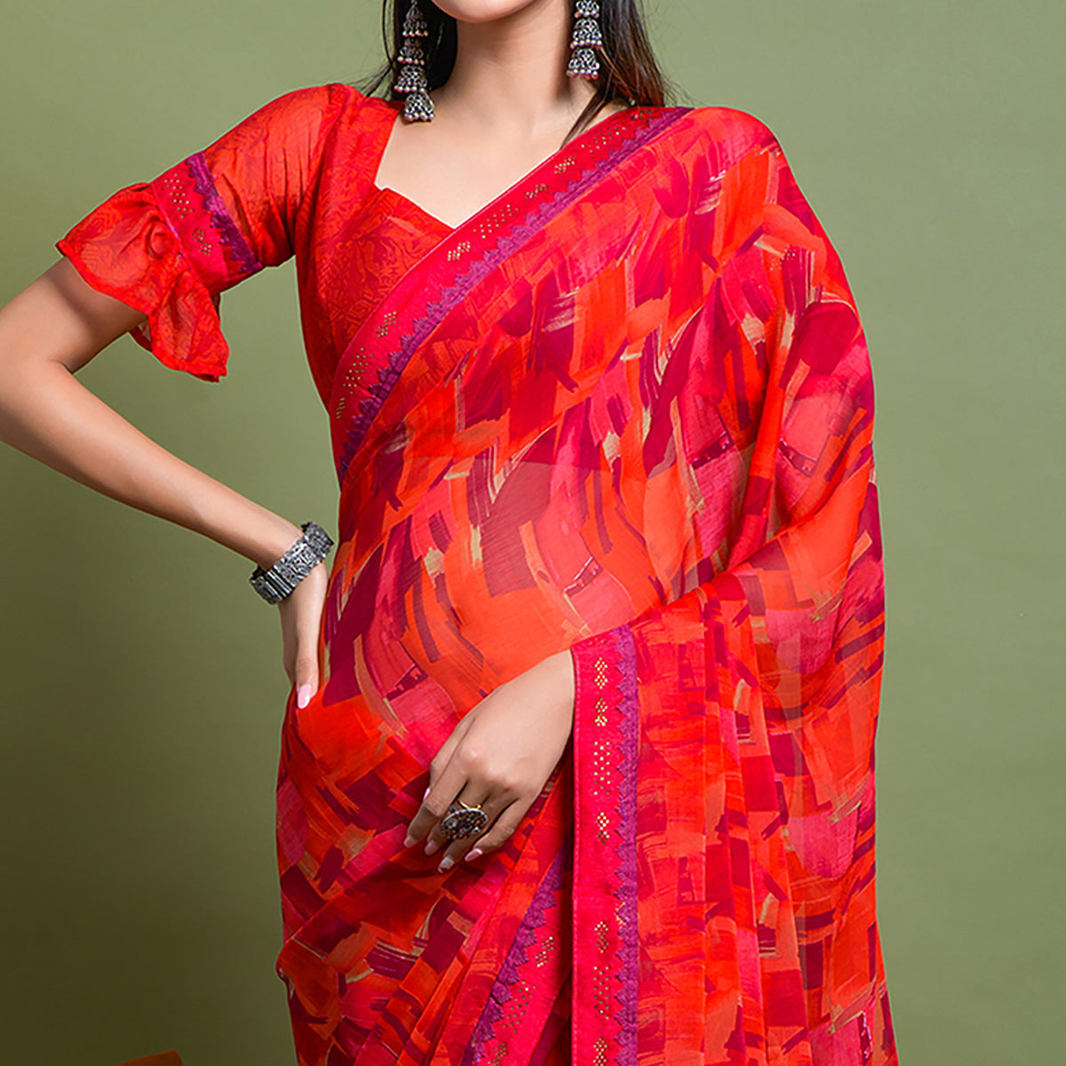Red Geometric Printed Chiffon Saree