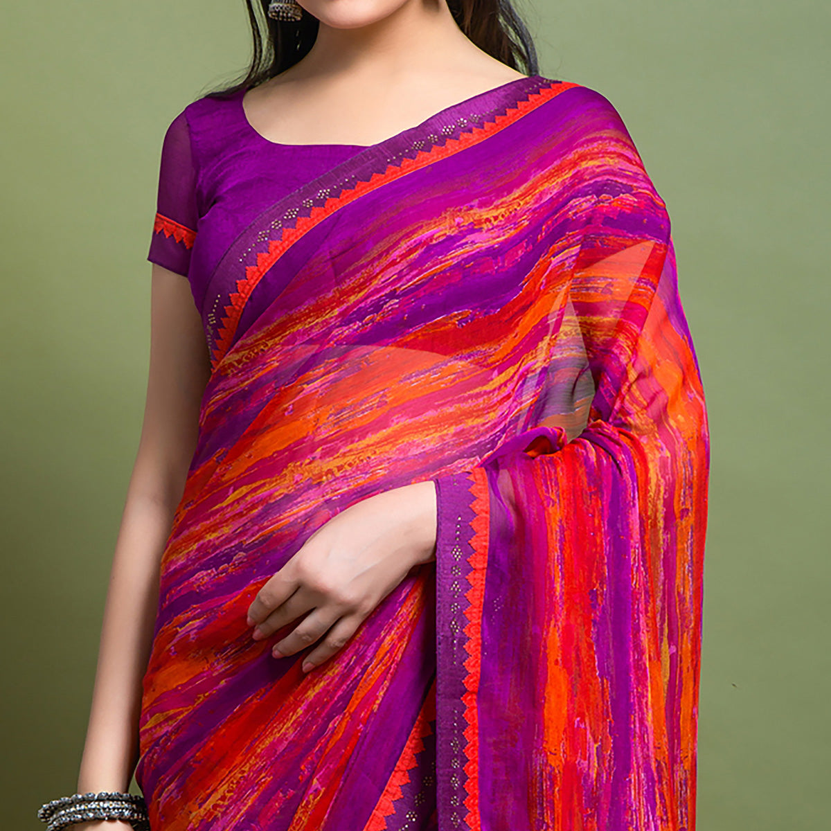 Purple Printed Chiffon Saree