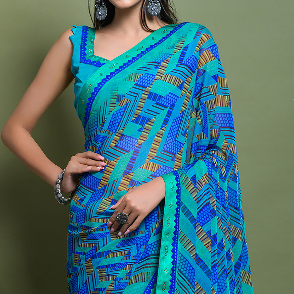 Blue Geometric Printed Chiffon Saree