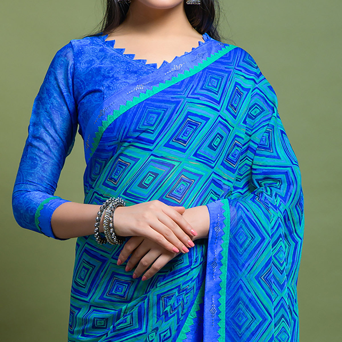 Blue Geometric Printed Chiffon Saree