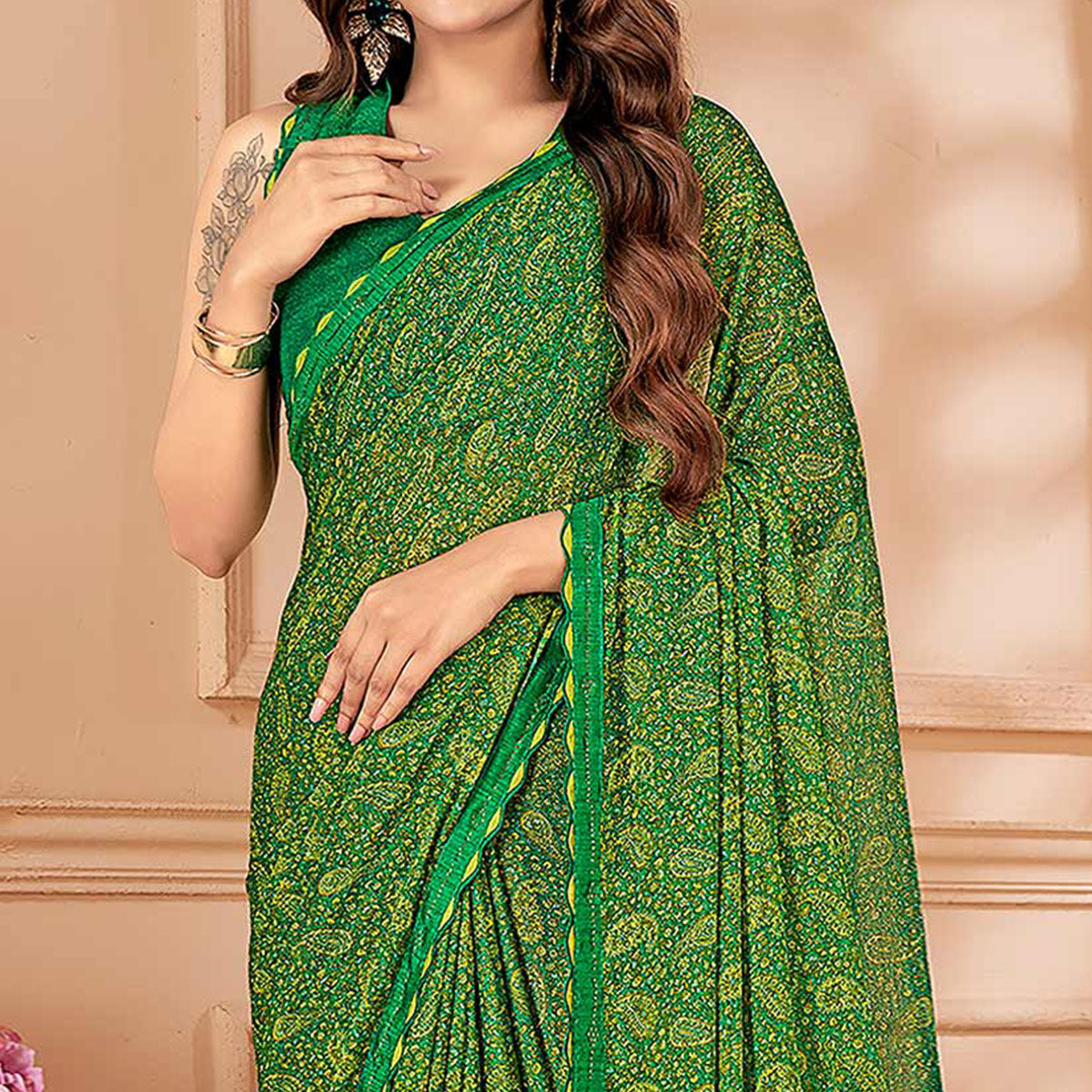 Green Printed Chiffon Saree With Lace Border