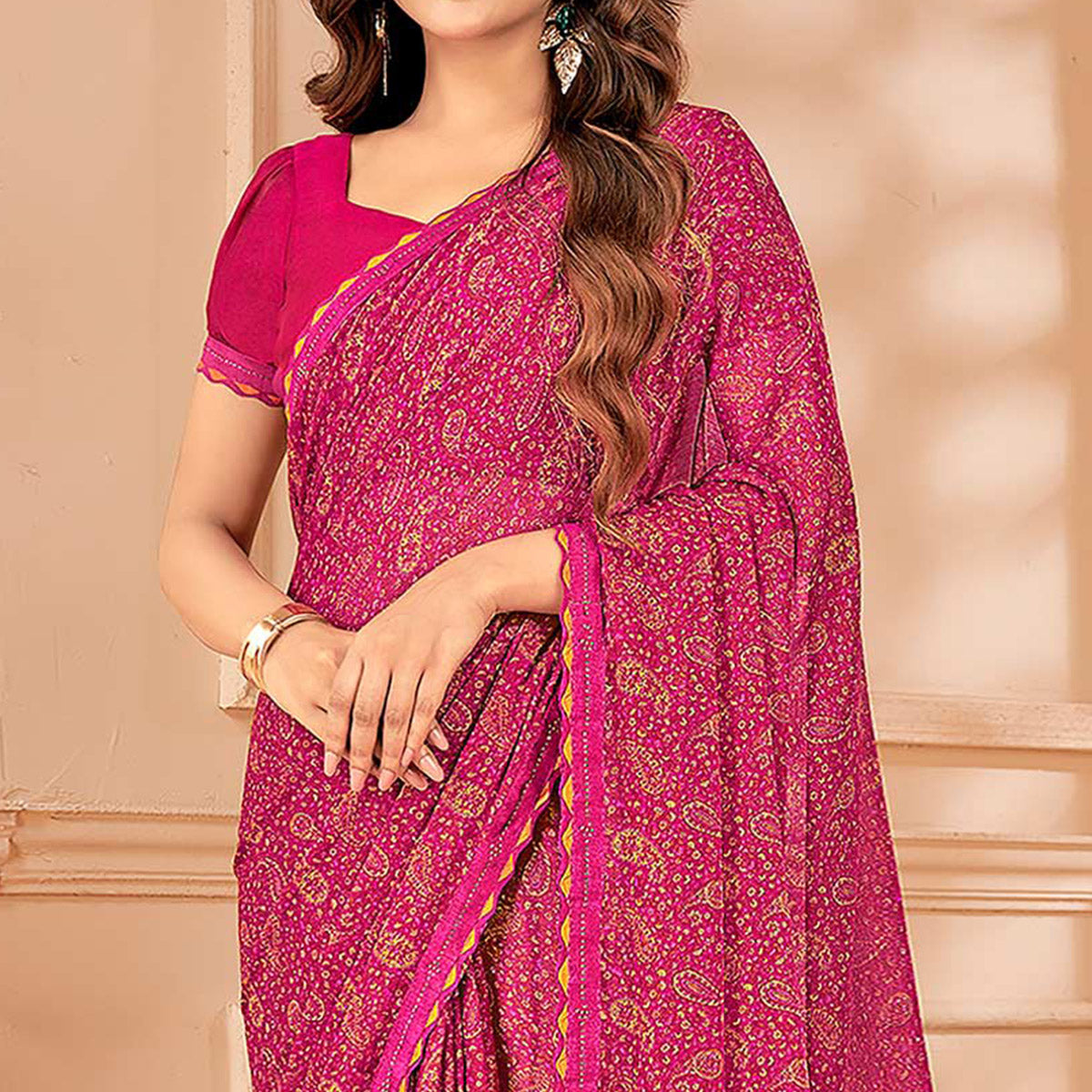 Pink Printed Chiffon Saree With Lace Border