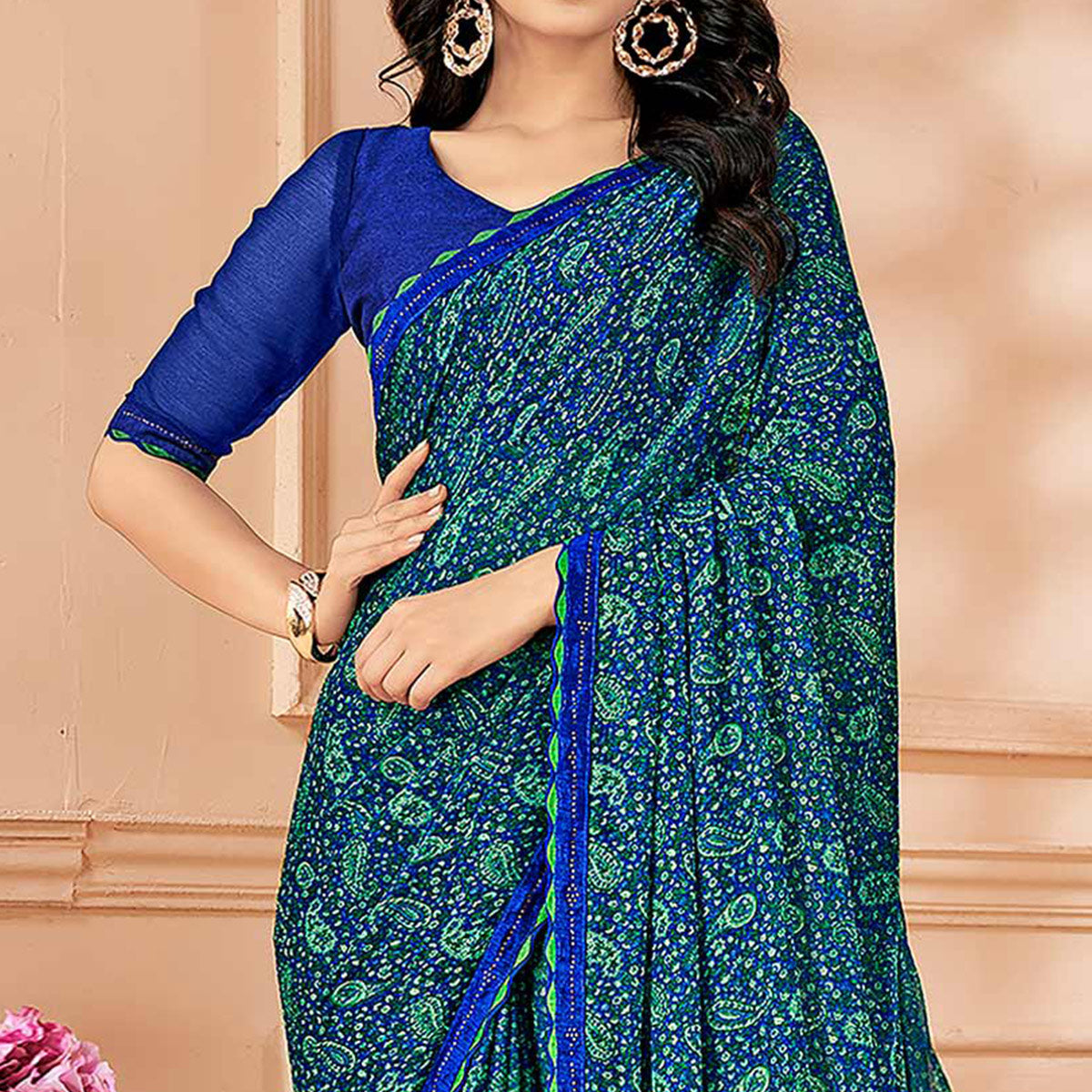 Blue Printed Chiffon Saree With Lace Border