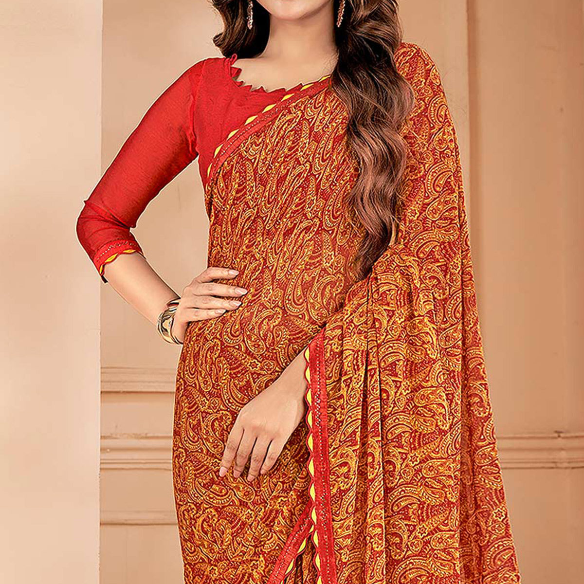 Orange Printed Chiffon Saree With Lace Border