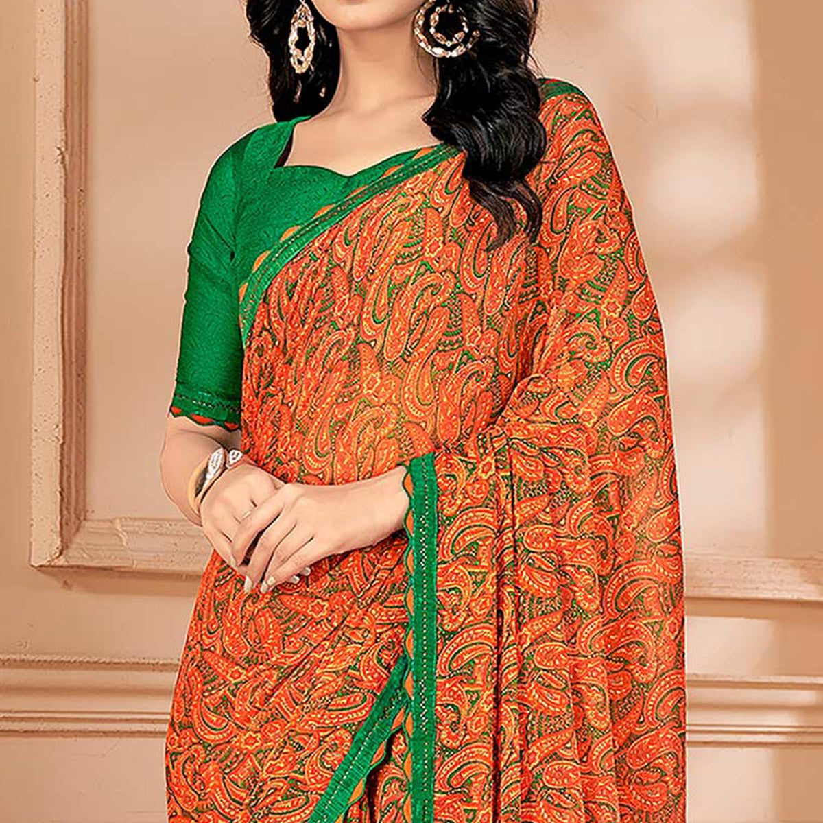 Orange Printed Chiffon Saree With Lace Border